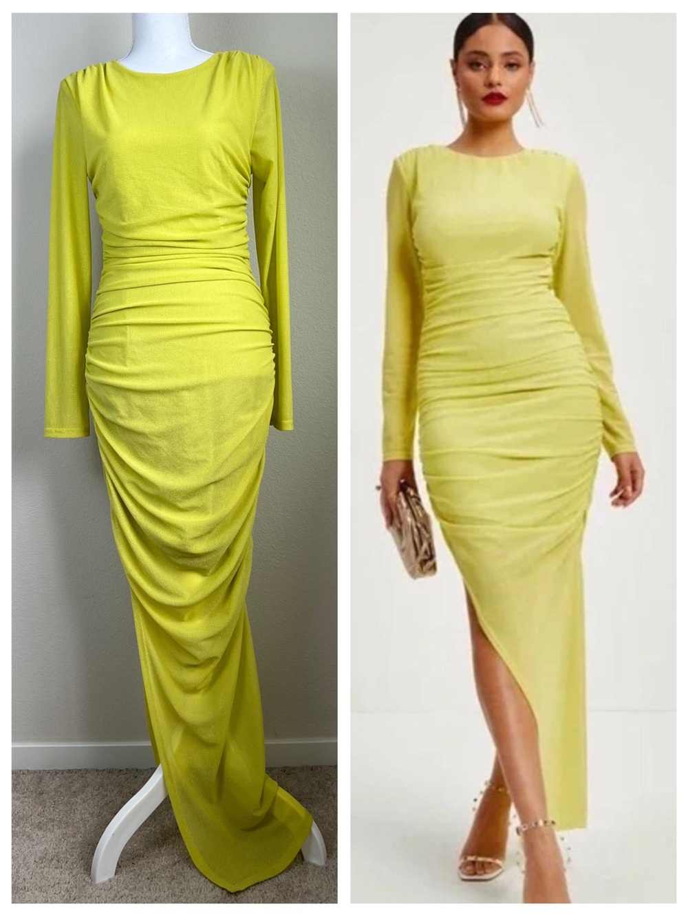 VICI Neon Yellow Ruched Maxi Dress Medium Bodycon Mermaid Built In Bra Glam Prom